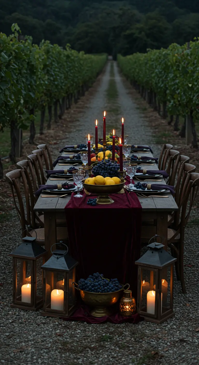 A dimly lit table in a vineyard with a burgundy runner, red candles, and dark grapes.