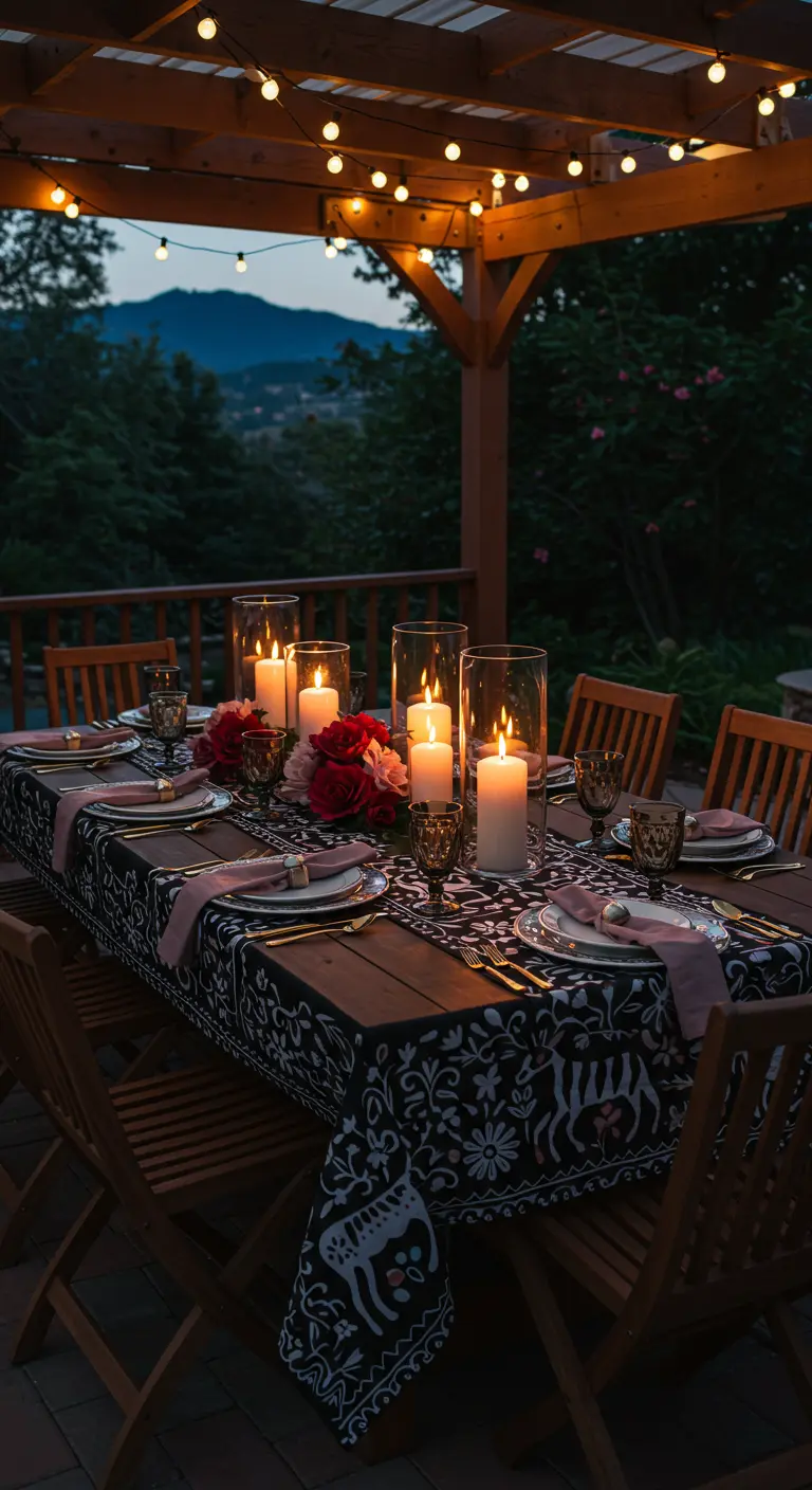 A candlelit dinner table under a pergola with a black and white patterned tablecloth and floral centerpieces.