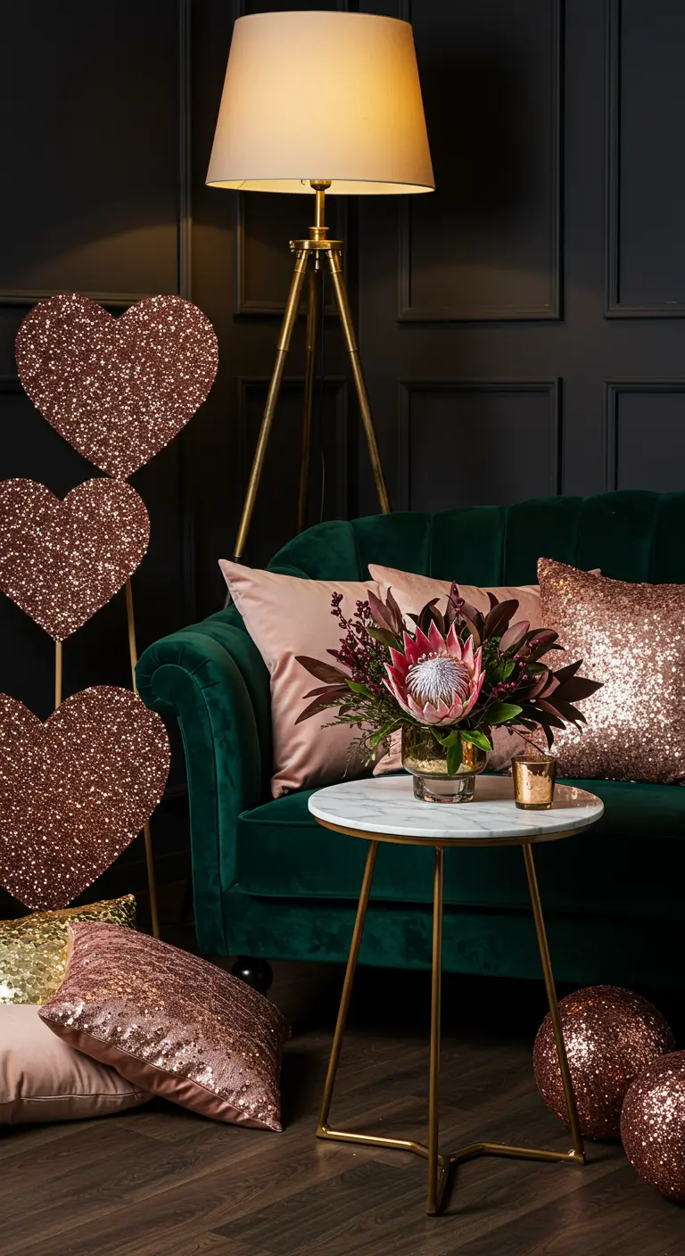 An emerald green velvet sofa styled with rose gold sequin pillows and a modern floral arrangement.