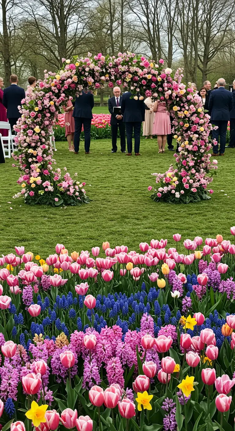 A vibrant floral hoop arch of roses in the middle of a colorful tulip field.