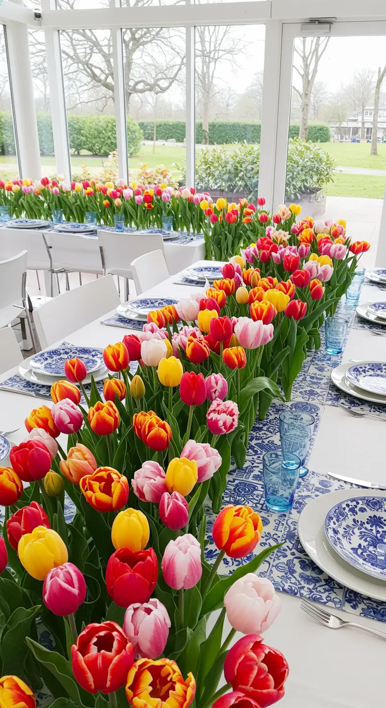 A long white table with a dense runner made entirely of colorful tulips in full bloom.