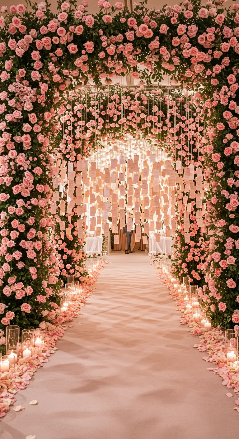 A tunnel made of pink roses with hanging escort cards and a candlelit path.