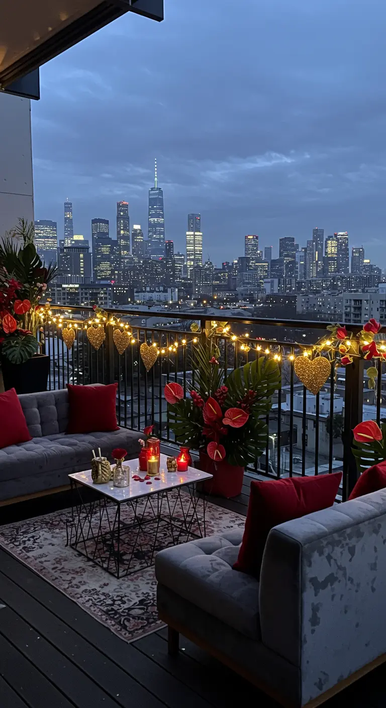 A city balcony at twilight decorated with heart garlands, red velvet pillows, and candles, with a skyline view.