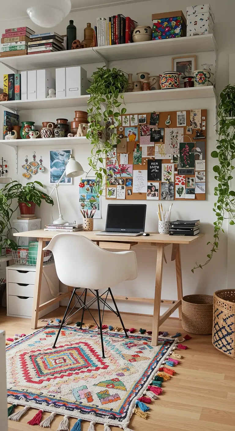 A home office with open shelving, a large corkboard mood board, and a colorful bohemian rug.