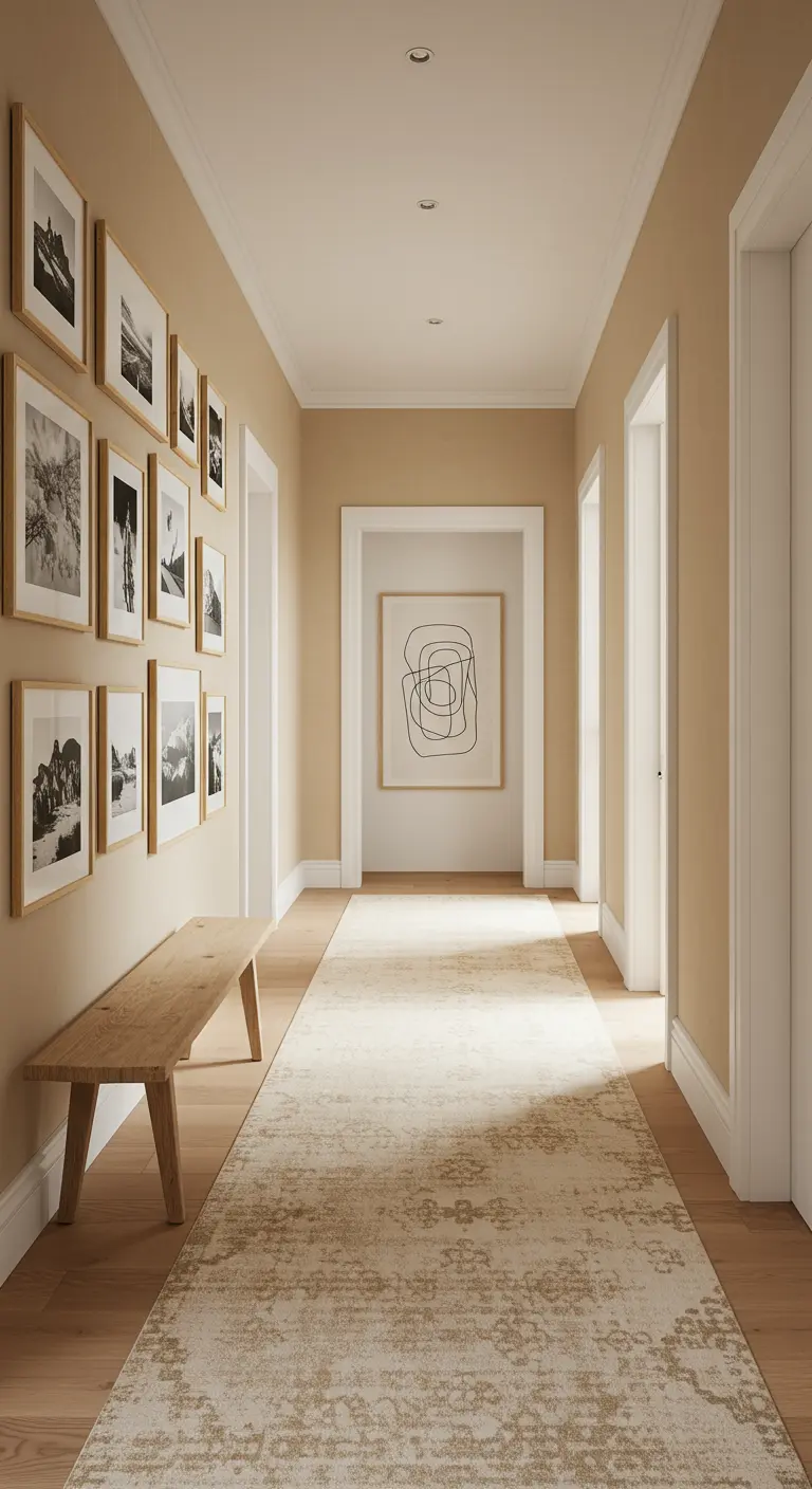 A long hallway with beige walls, a gallery wall of black-and-white photos, and a long runner rug.