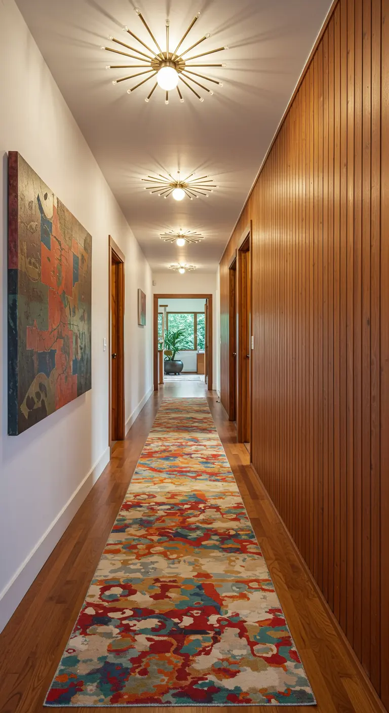Long hallway with a wood-paneled wall, a colorful runner, and sputnik ceiling lights.