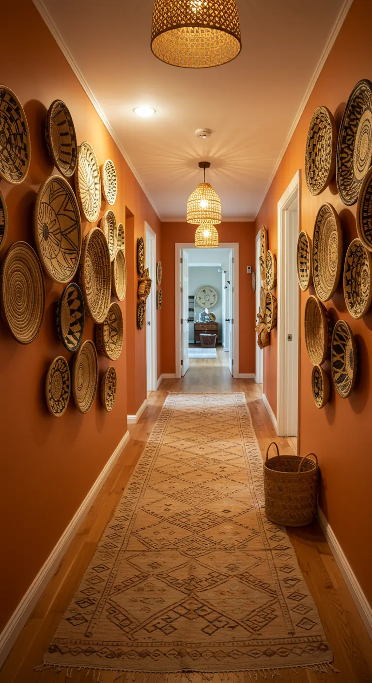 Long terracotta-colored hallway decorated with a gallery of woven baskets on the walls.