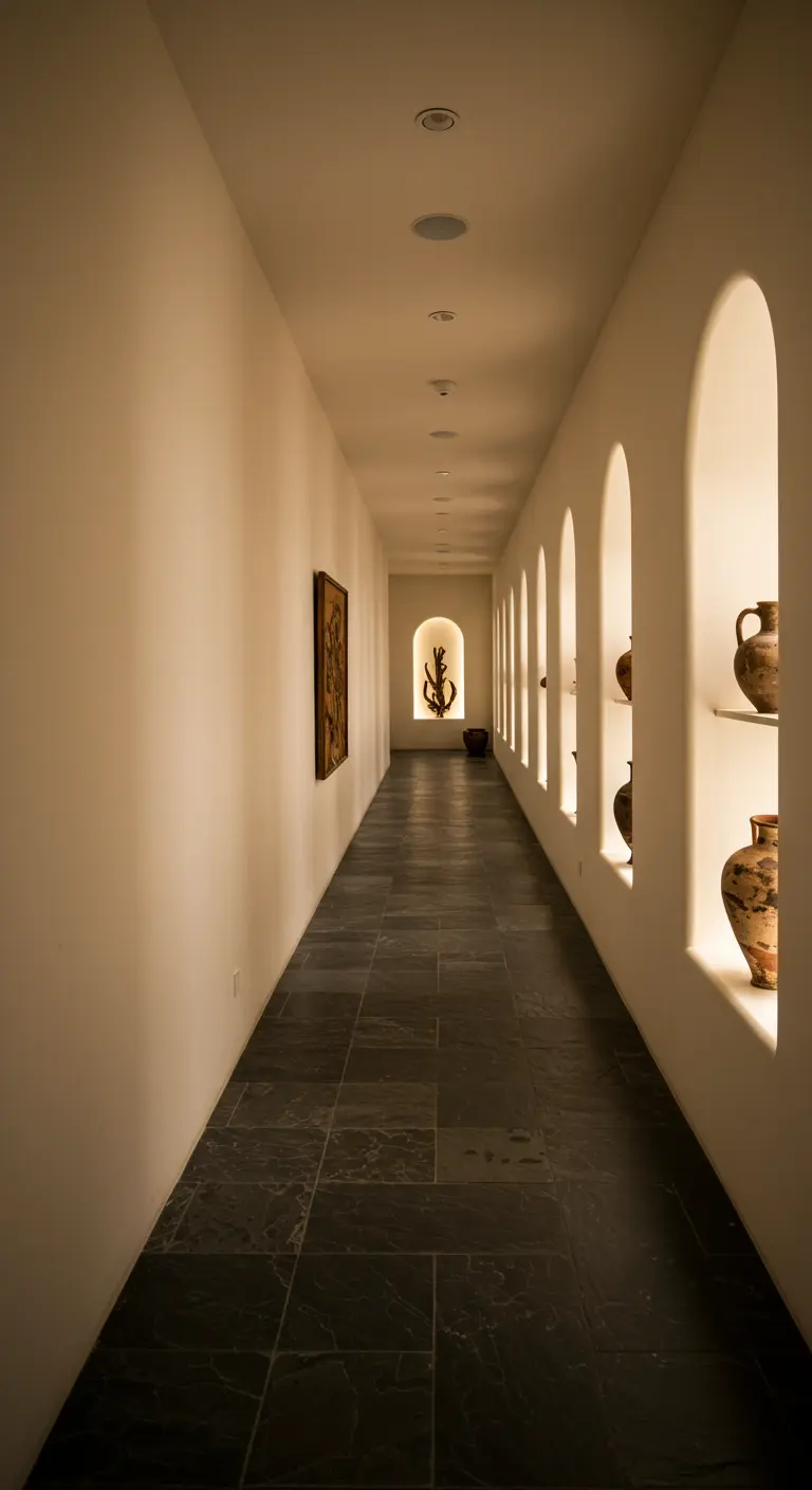 A long, narrow hallway with a dark slate floor and a series of lit, arched niches displaying pottery.