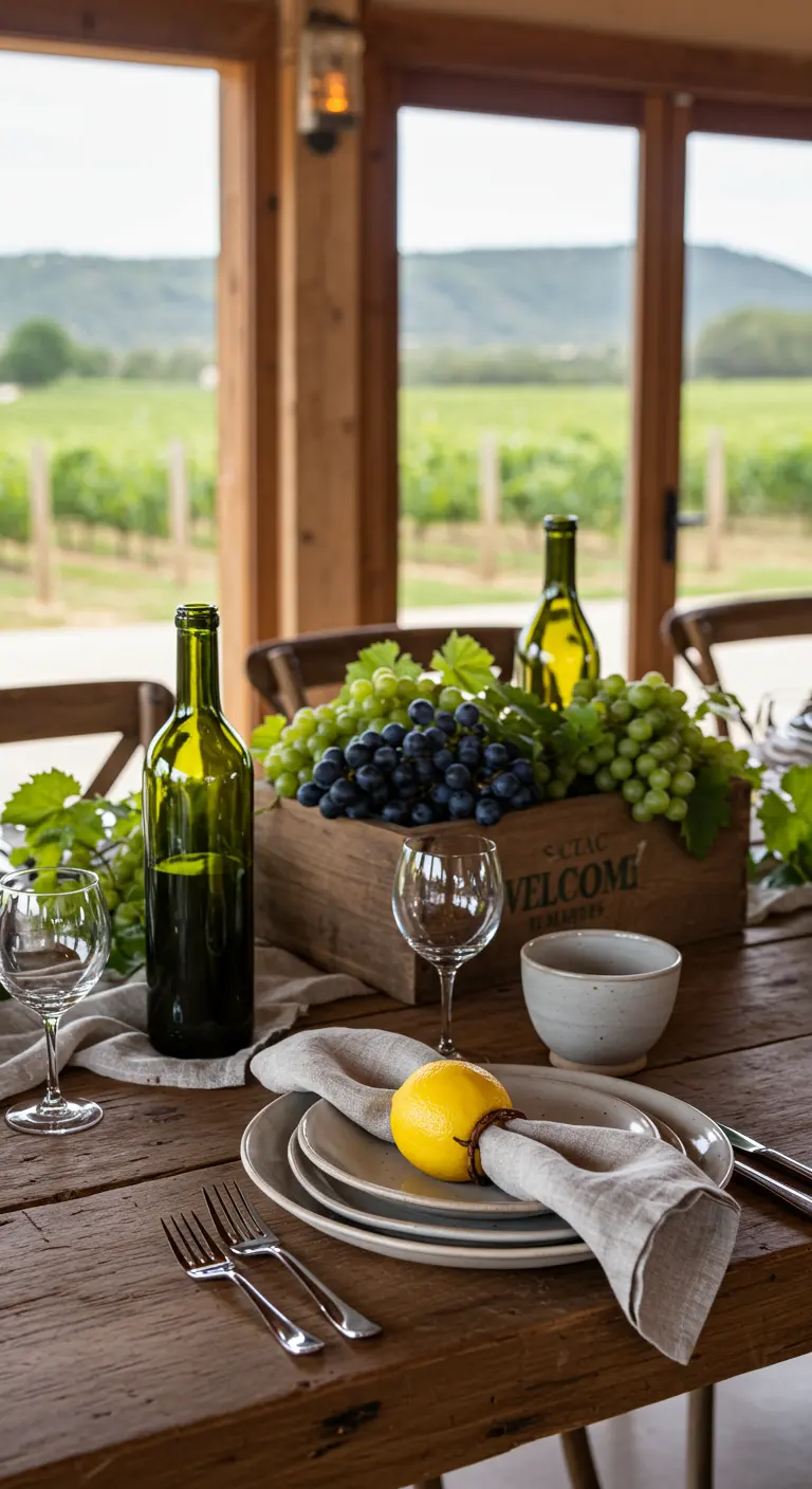 A place setting with a linen napkin held by a whole lemon tied with twine.