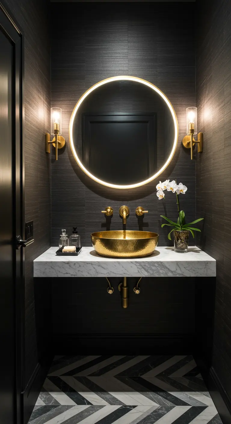 Dramatic powder room with dark walls, a backlit mirror, and a hammered brass vessel sink.