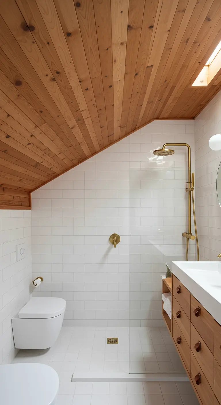 Small attic bathroom with a sloped wood ceiling, white tile, and a floating wood vanity.
