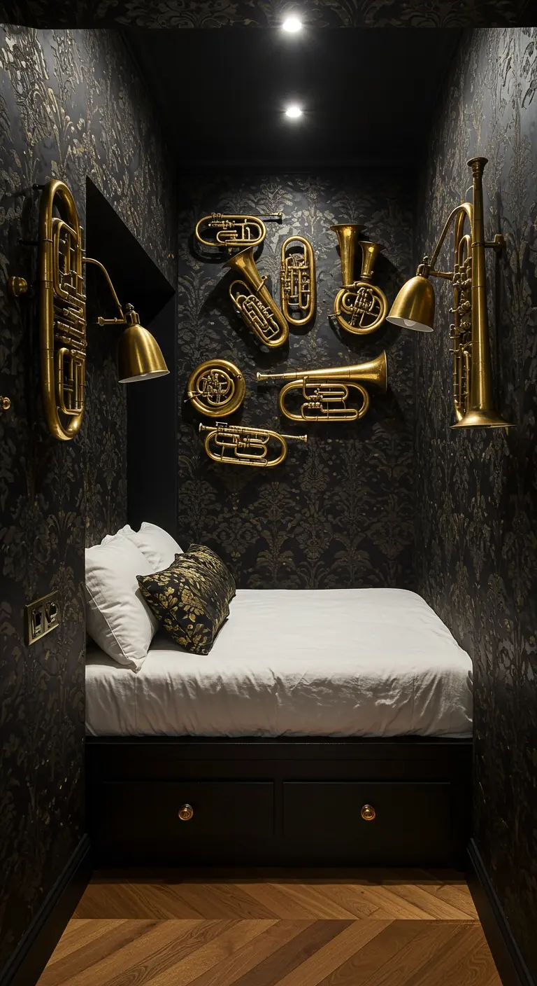 Small bedroom nook with damask wallpaper and brass instruments as wall art.