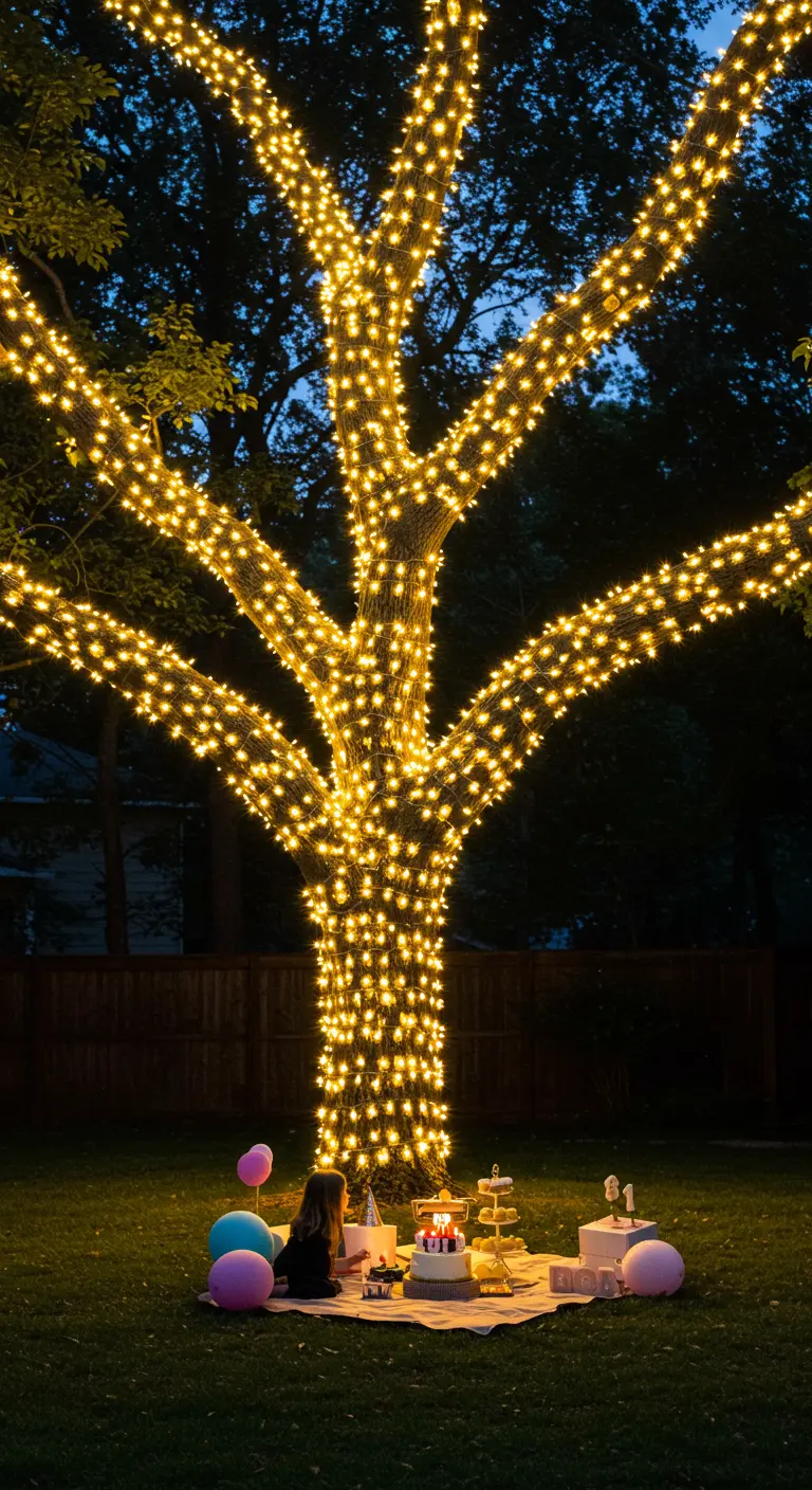 A large tree in a backyard completely wrapped in dense, warm string lights.