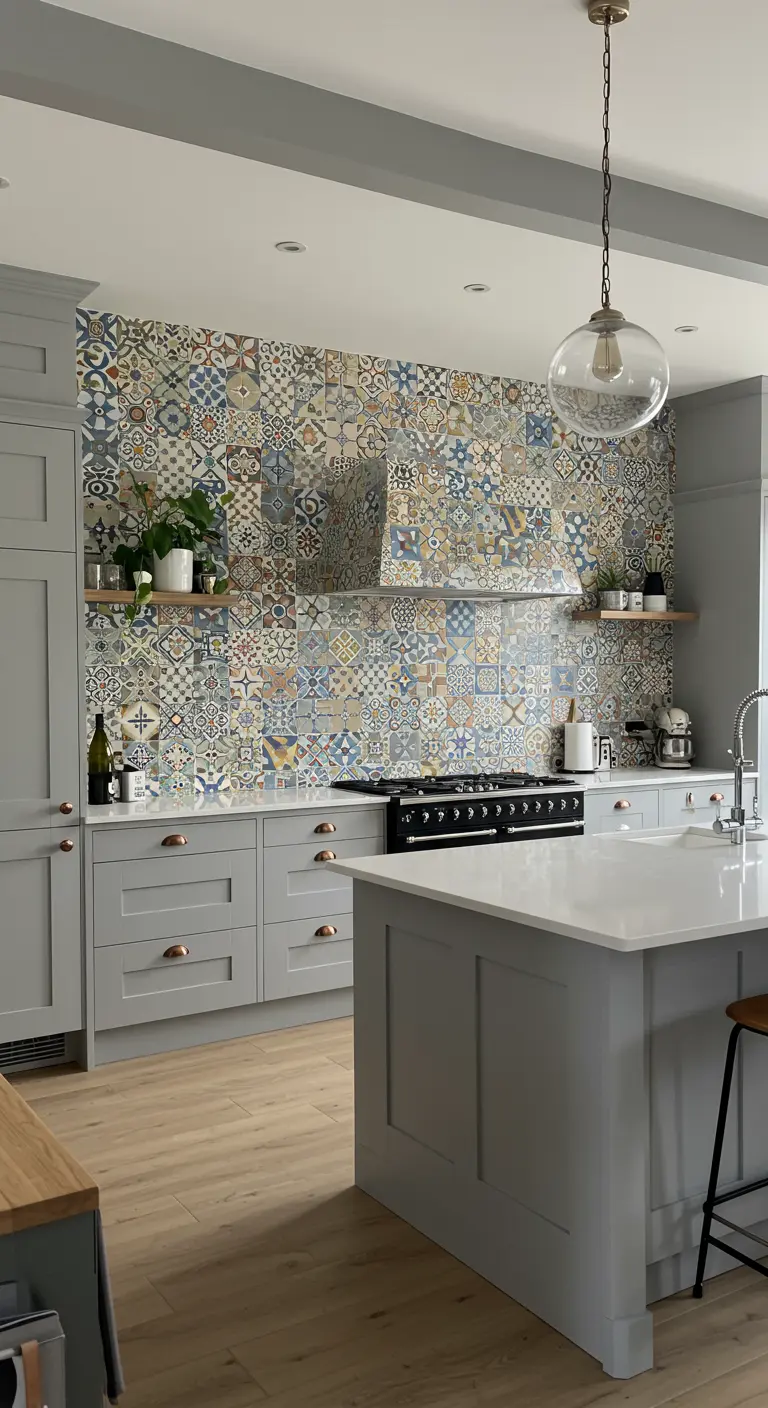 A kitchen with an entire wall covered in colorful patchwork Moroccan tiles and simple gray cabinets.