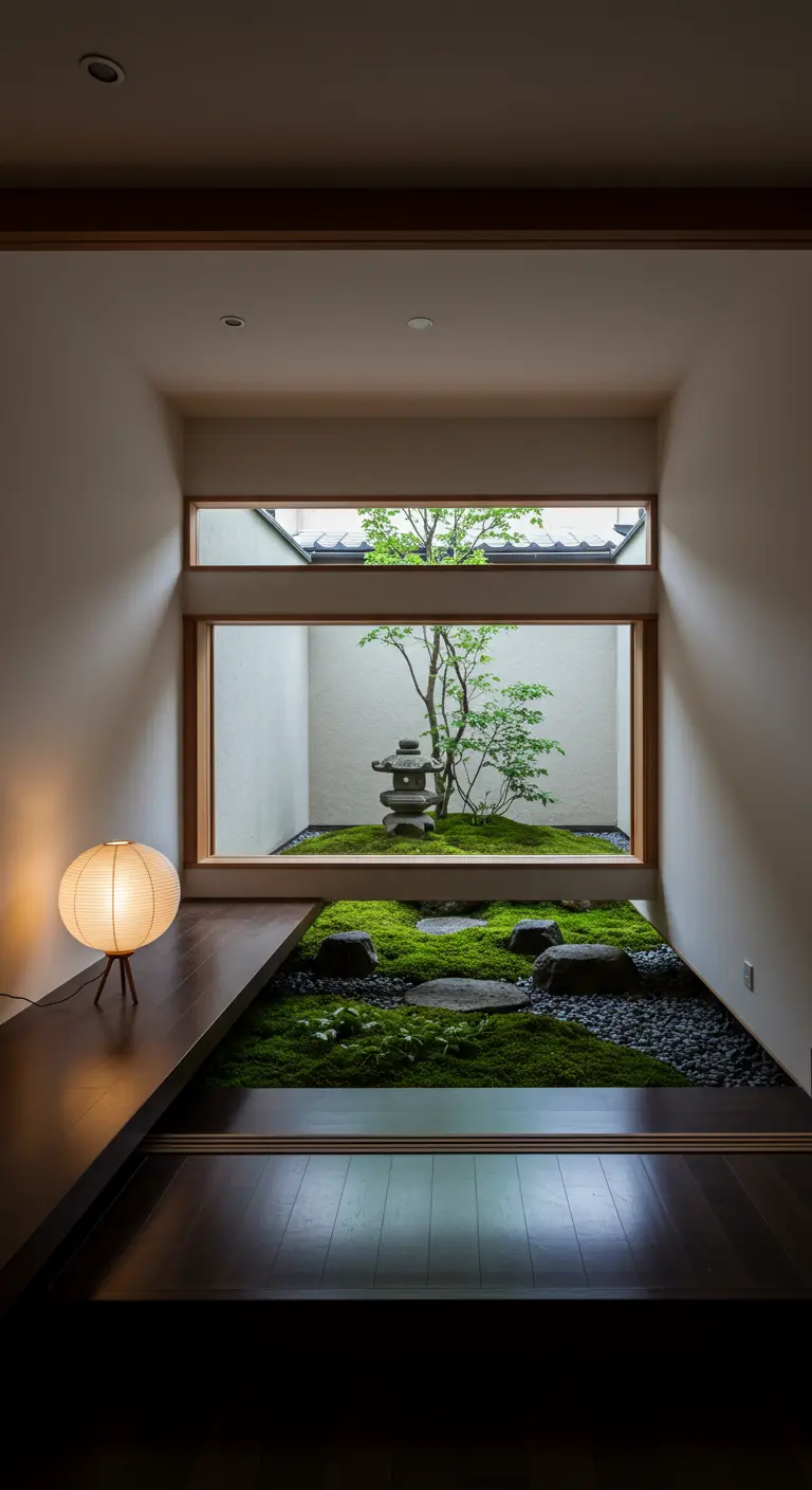Hallway window perfectly framing a small, mossy Japanese internal courtyard.