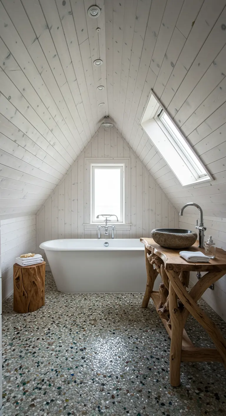 Attic bathroom with whitewashed wood paneling, a driftwood vanity, and a freestanding tub.