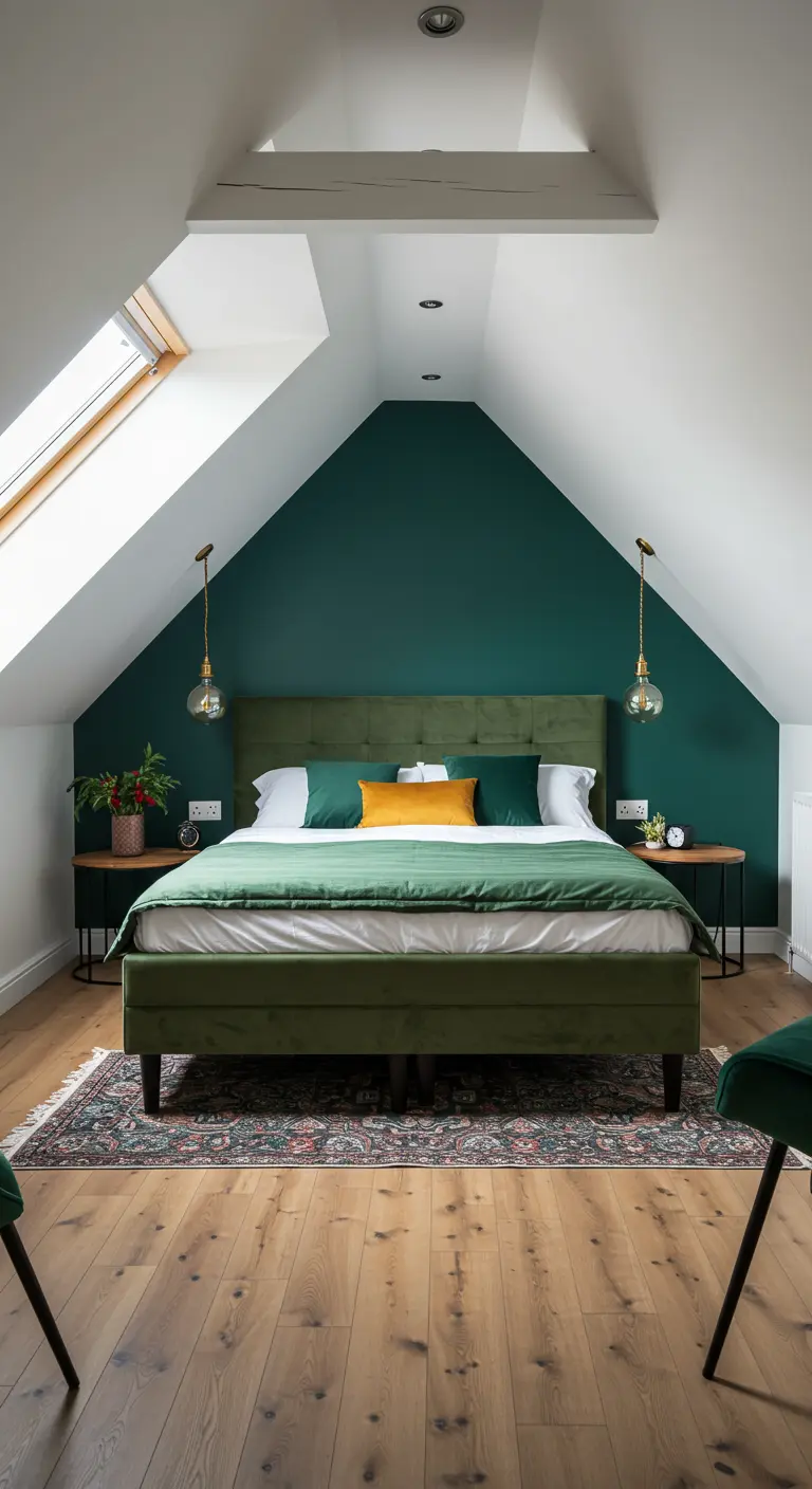 Attic bedroom with a sloped ceiling and a deep green accent wall behind the tufted bed.