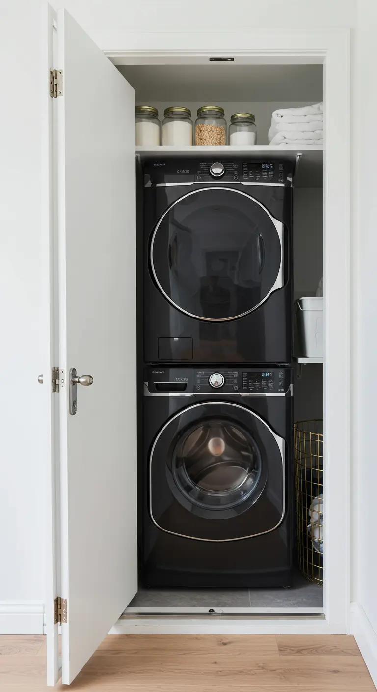 A stacked black washer and dryer set inside a small laundry closet with organized shelving.