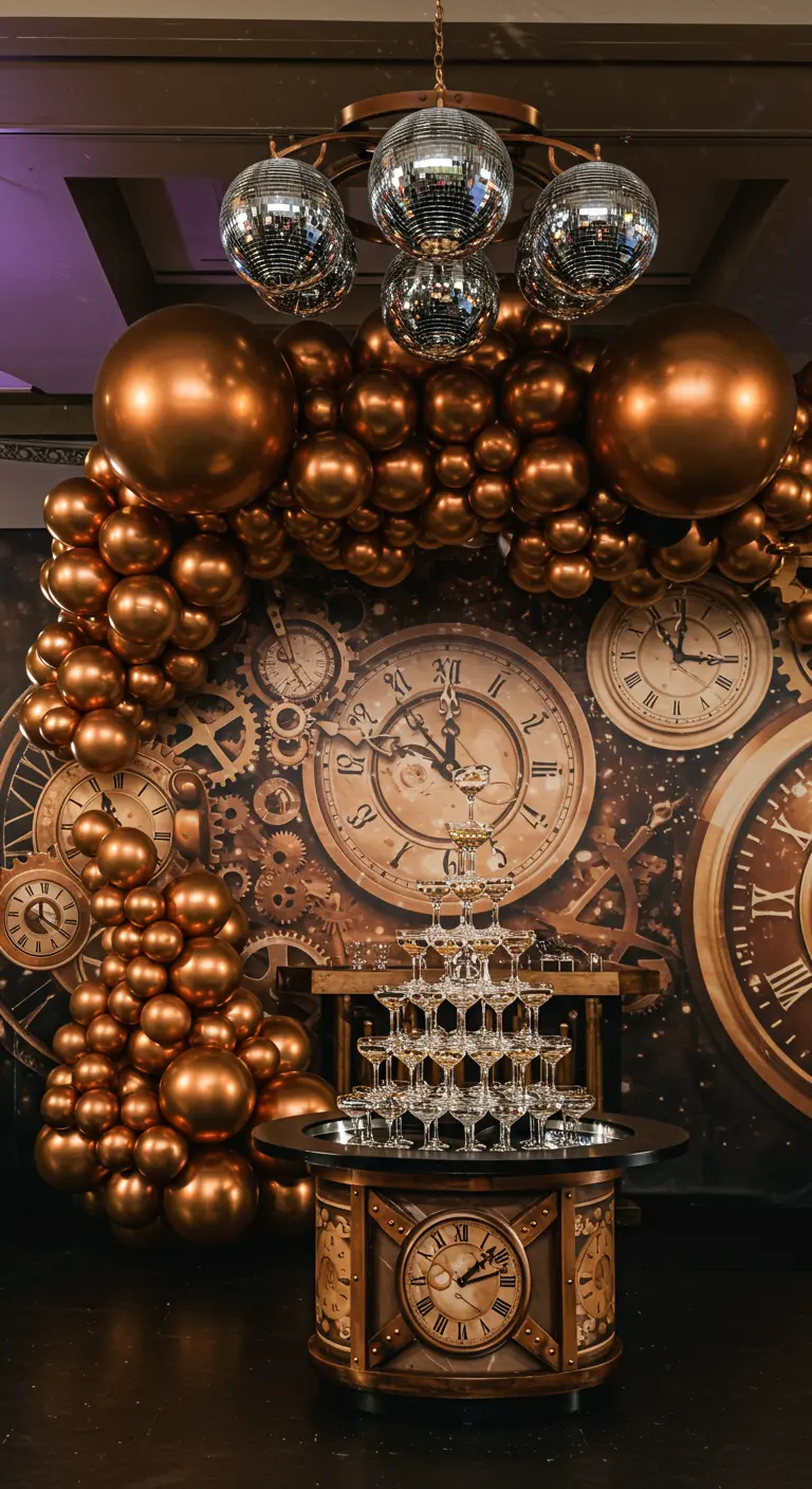A steampunk-themed party with a clock and gear backdrop, bronze balloons, and a champagne tower.