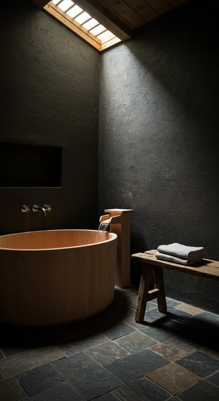 A dark, minimalist bathroom featuring a round wooden soaking tub and a rustic bench.