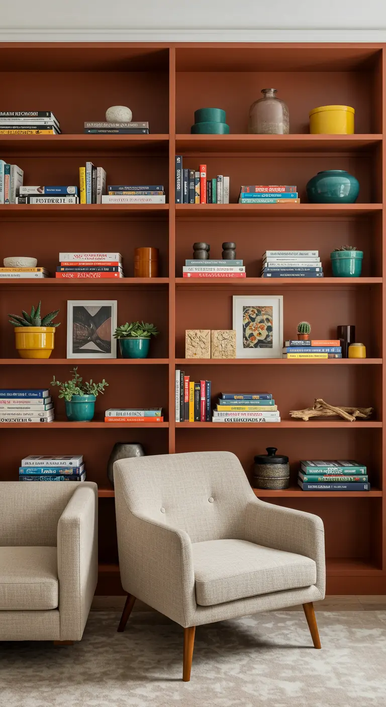 Floor-to-ceiling bookshelves painted a deep terracotta color, styled with books and decor.