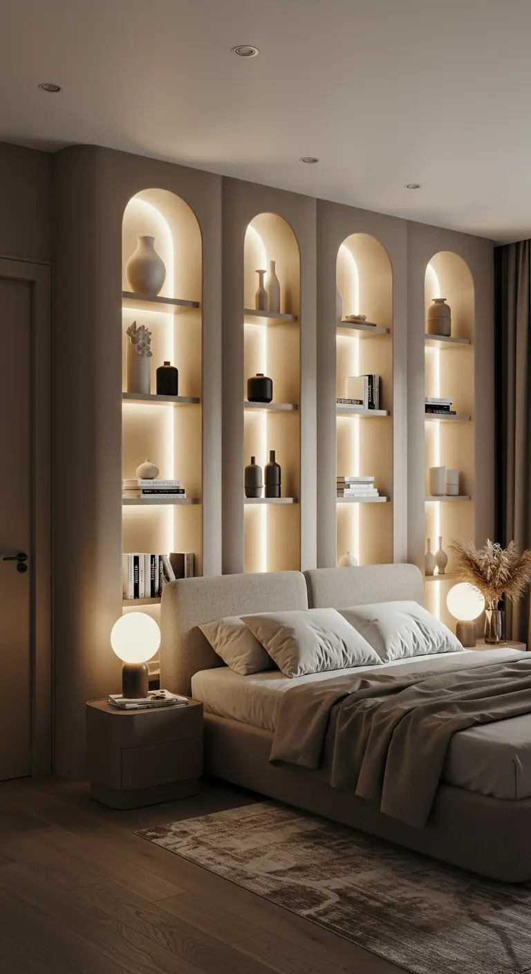 Wall of built-in arched bookshelves, with each shelf individually backlit with warm LEDs.