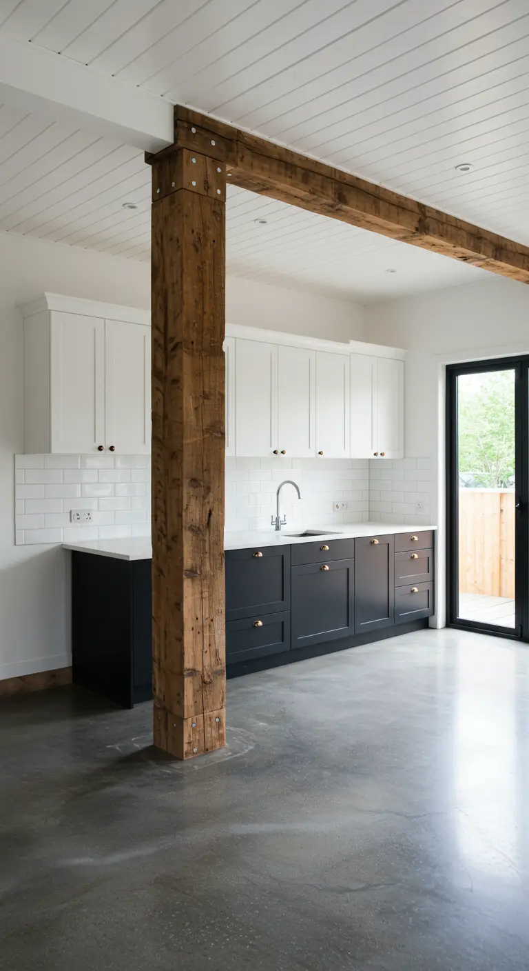 Kitchen with a prominent reclaimed wood support beam and column, dark cabinets, and concrete floor.