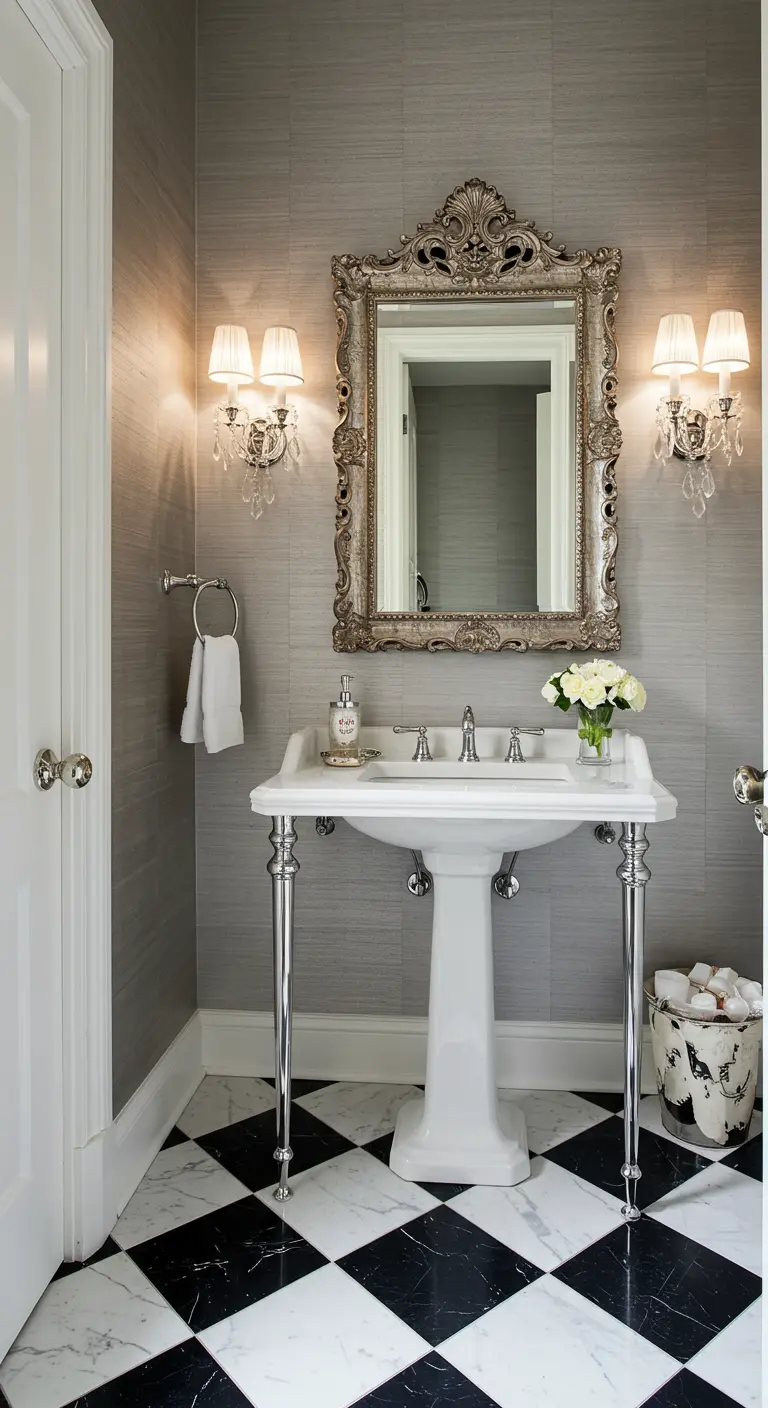 Glamorous powder room with a large ornate silver mirror and crystal sconces.
