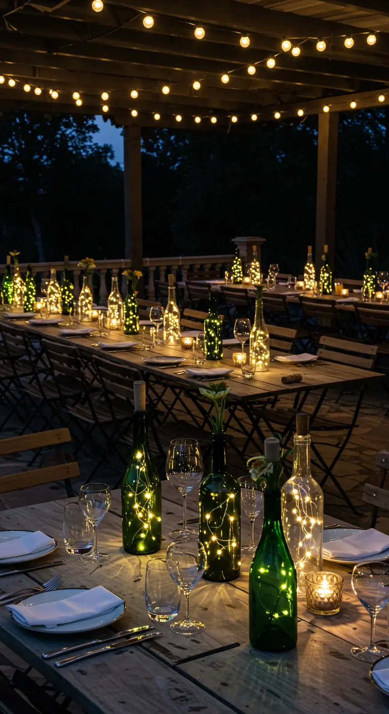 An outdoor dinner table at night with green and clear wine bottles filled with fairy lights.