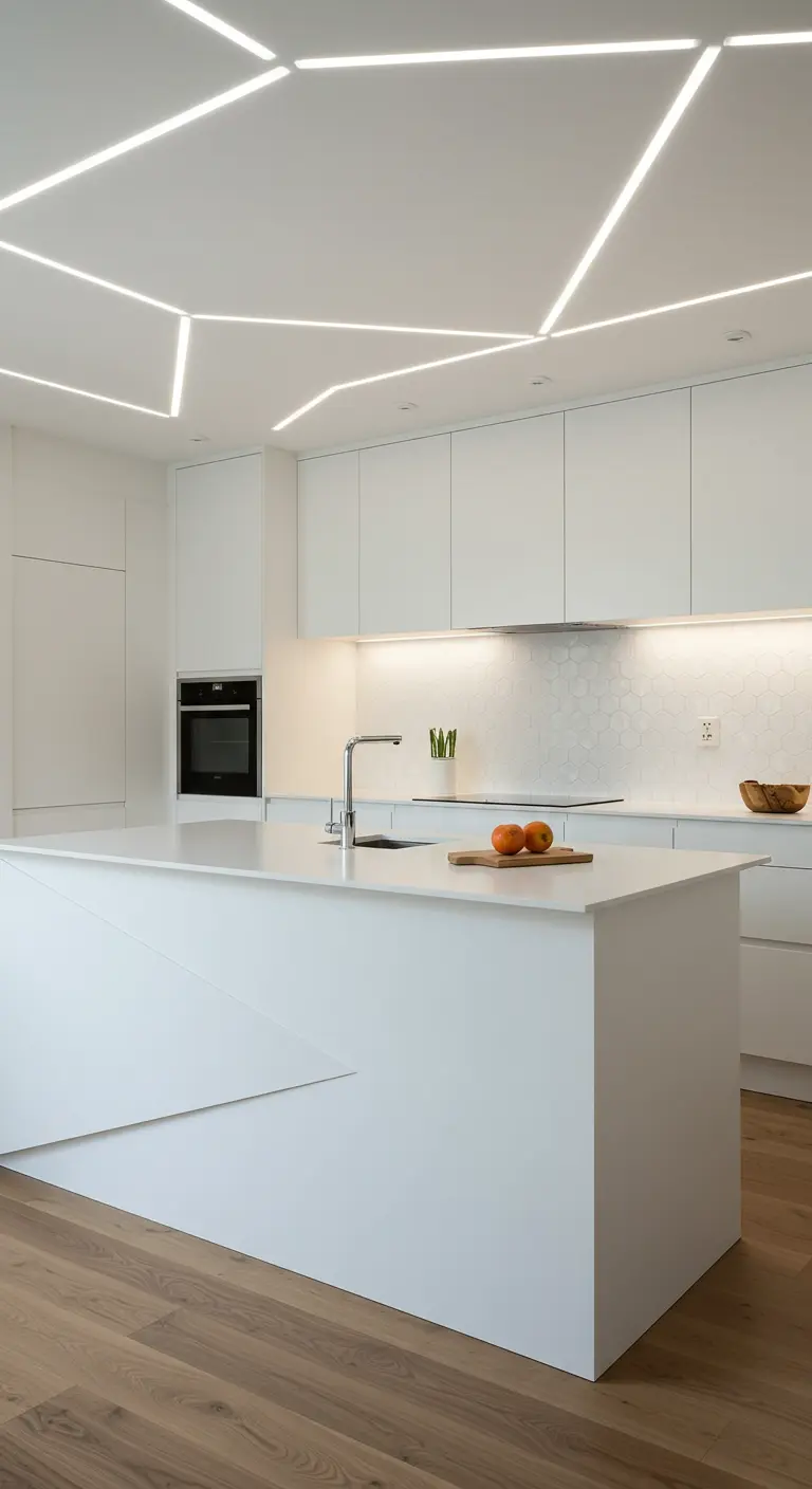 Minimalist white kitchen with intersecting geometric LED light strips on the ceiling.