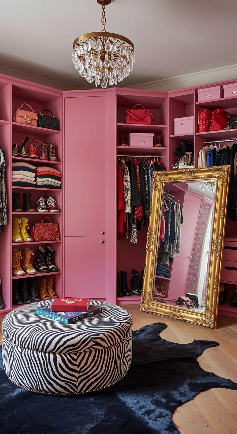 Walk-in closet with pink cabinets, a zebra print ottoman, and a large gold leaning mirror.