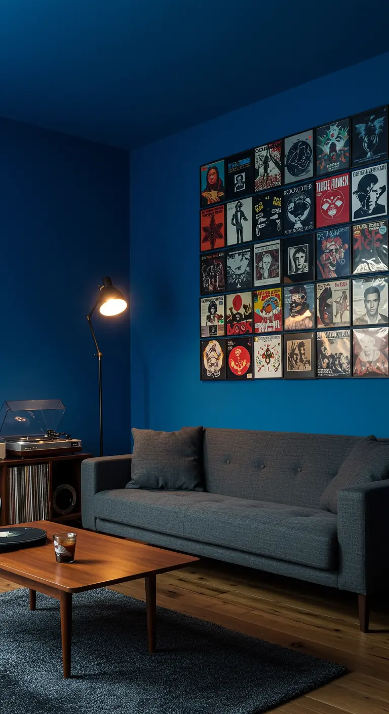 A listening room with a blue accent wall covered in a grid of framed album covers.