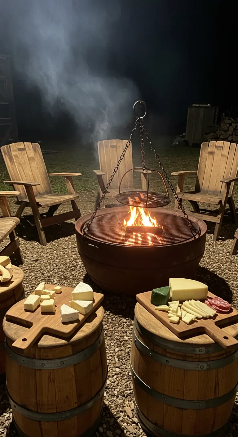 A fire pit with a hanging grill grate, surrounded by chairs and barrels used as tables.