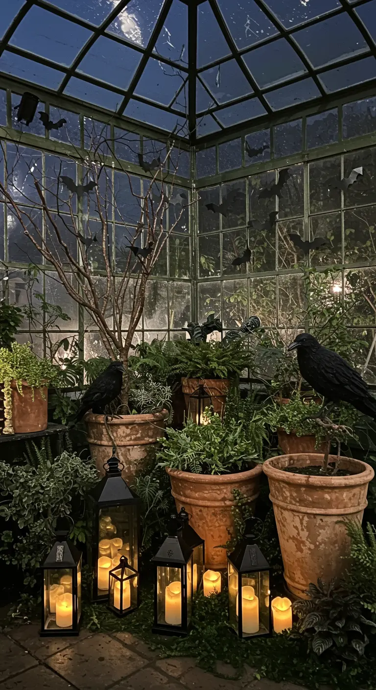 A greenhouse filled with plants, black lanterns, crows, and bats for a haunted conservatory look.