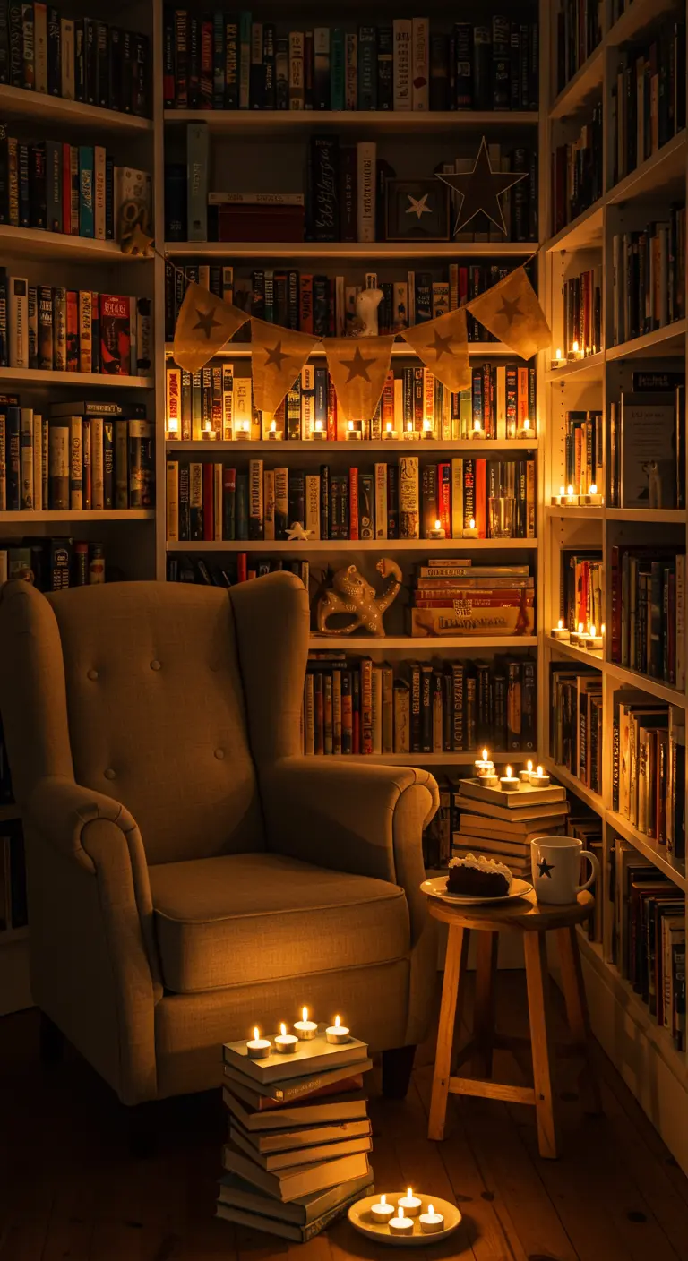 A cozy reading nook surrounded by bookshelves lit with dozens of tea lights.