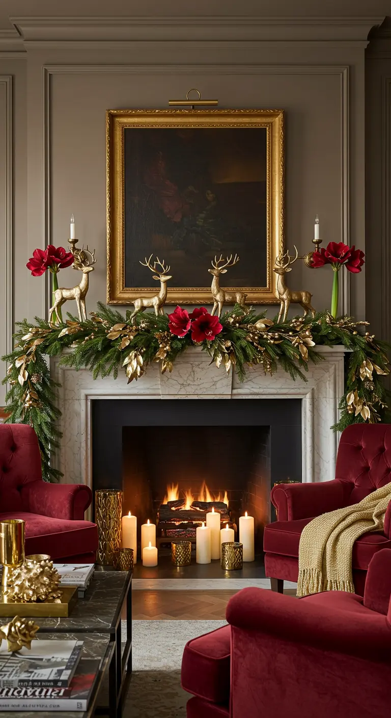 A fireplace mantel decorated with a lush garland, gold reindeer, and red flowers.