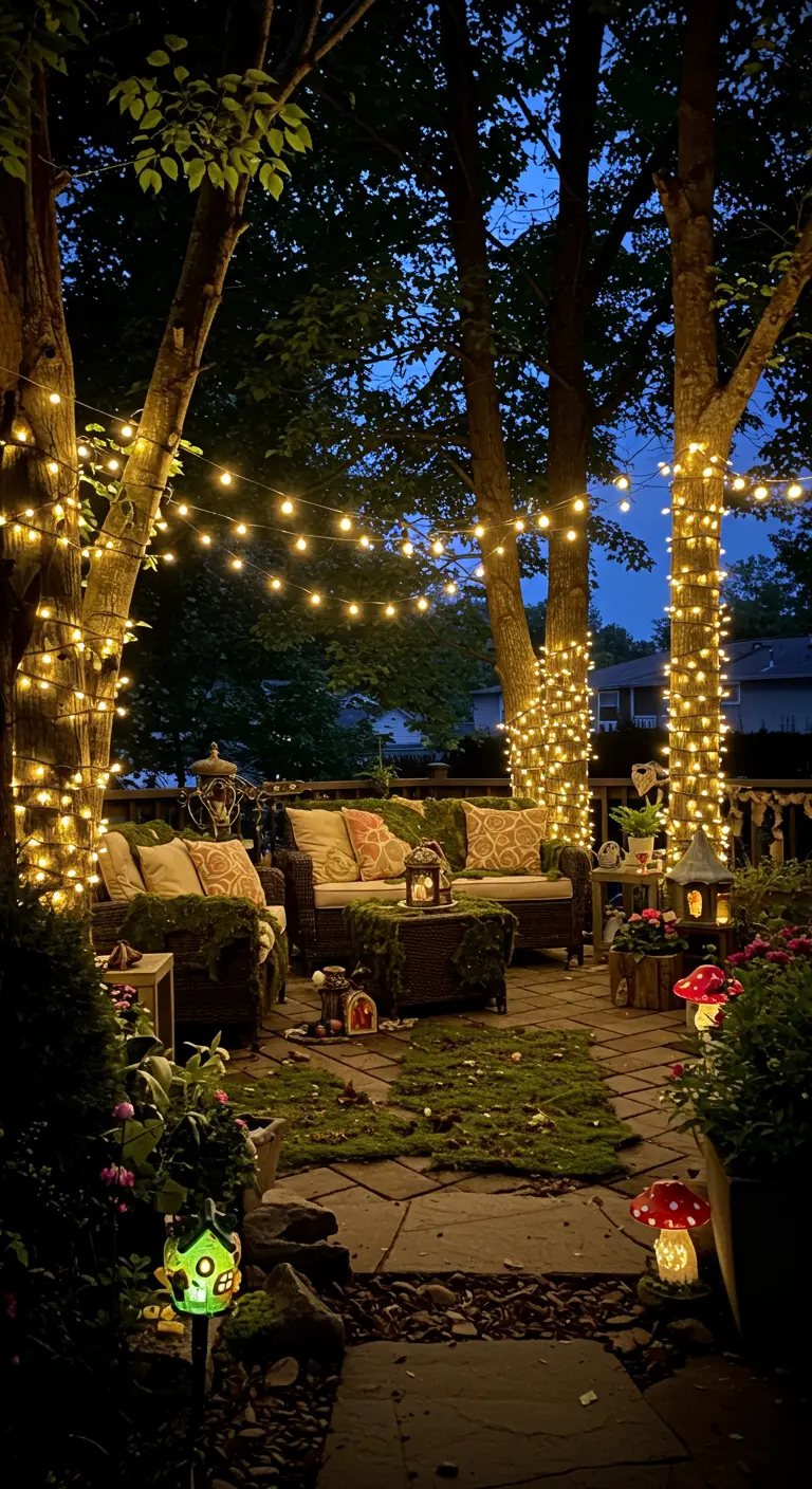 A patio at night with trees wrapped in lights, string lights overhead, and glowing mushrooms.