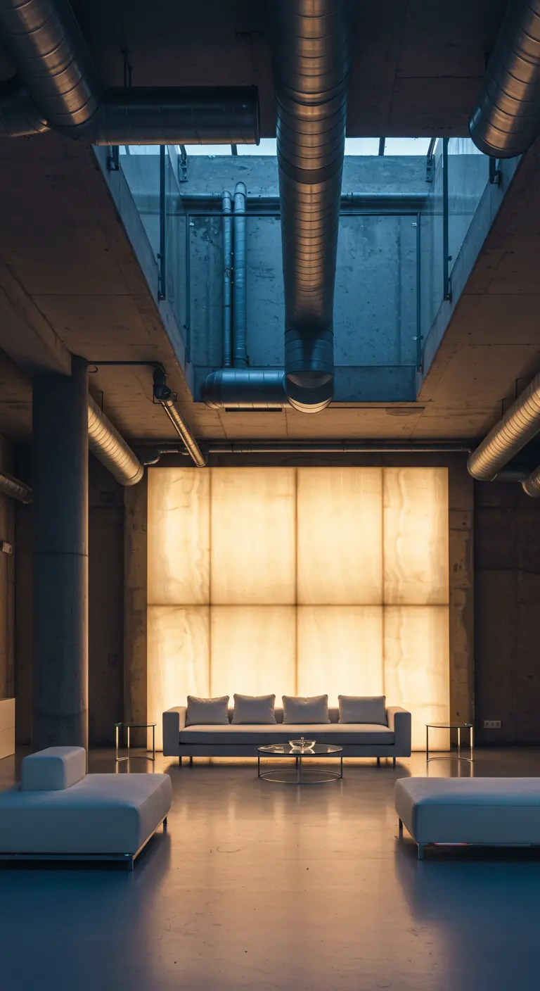 Minimalist loft where a large onyx wall is backlit, casting a warm yellow glow.