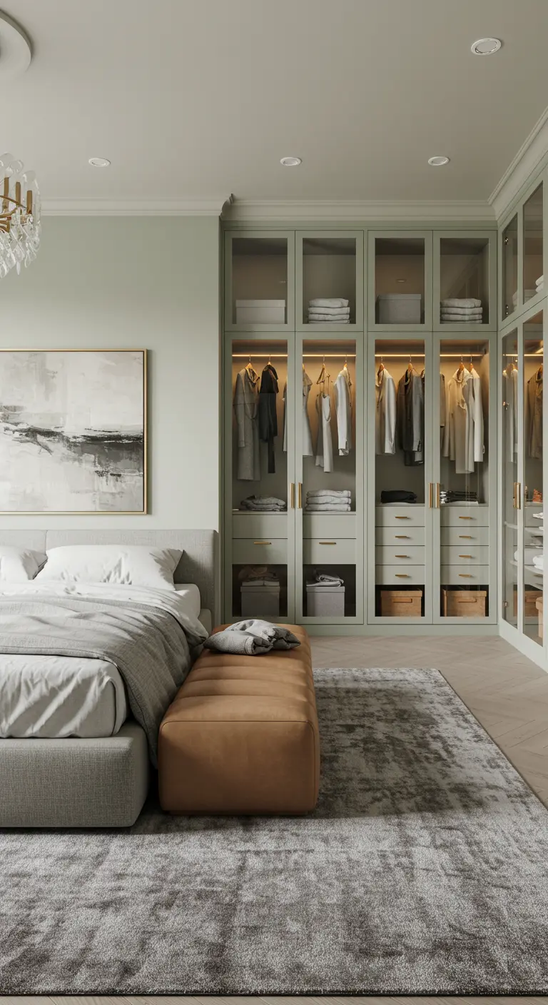 Bedroom with sage green, glass-fronted wardrobes with interior lighting.