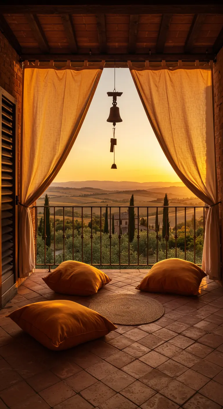 Tuscan balcony with terracotta tiles, golden pillows, and a brass bell overlooking hills.