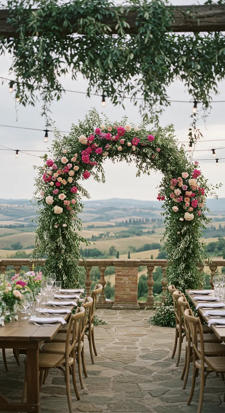Floral arch with pink roses overlooking rolling hills in Tuscany.