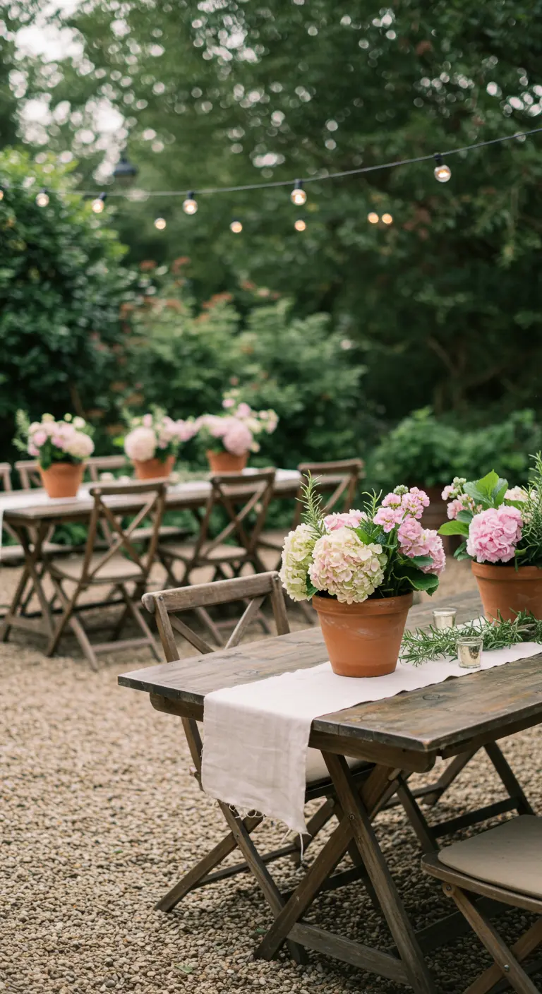 Rustic wooden tables with pink hydrangeas in terracotta pots as centerpieces.