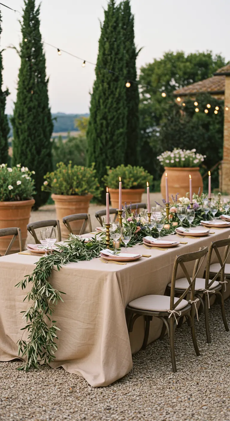 A long table in a Tuscan-style setting with a simple olive branch garland runner.