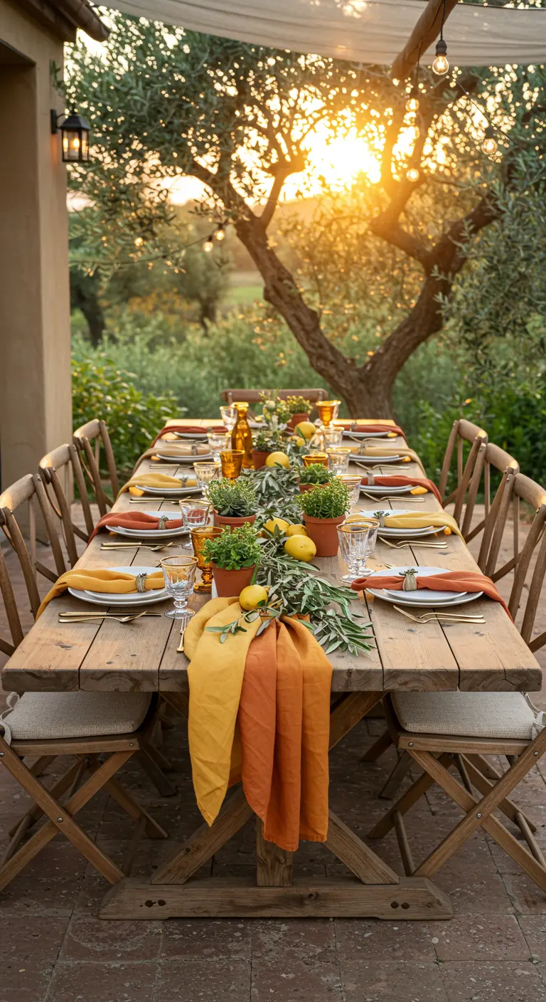 Long wooden table with a lemon and olive branch runner at sunset.