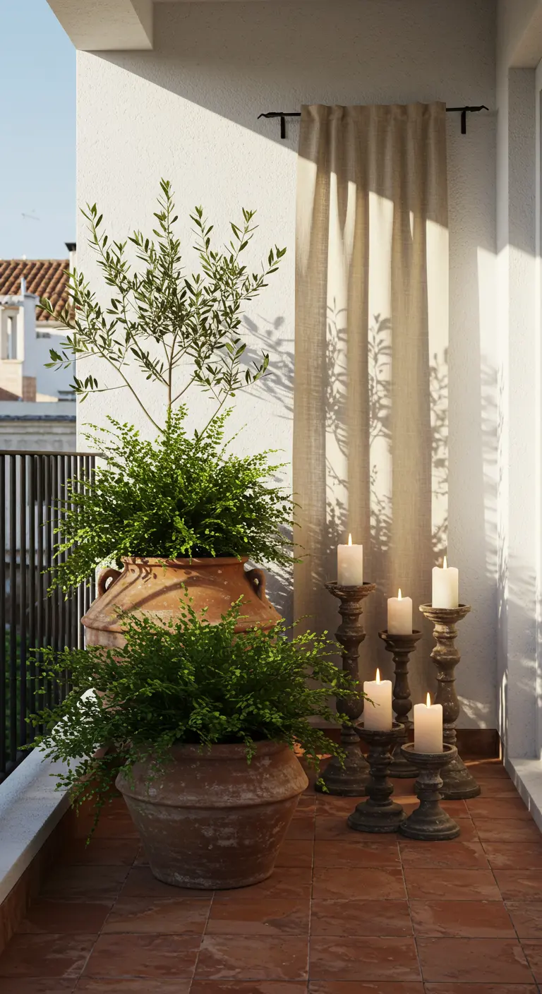 Mediterranean balcony with terracotta pots, an olive tree, and rustic pillar candles.