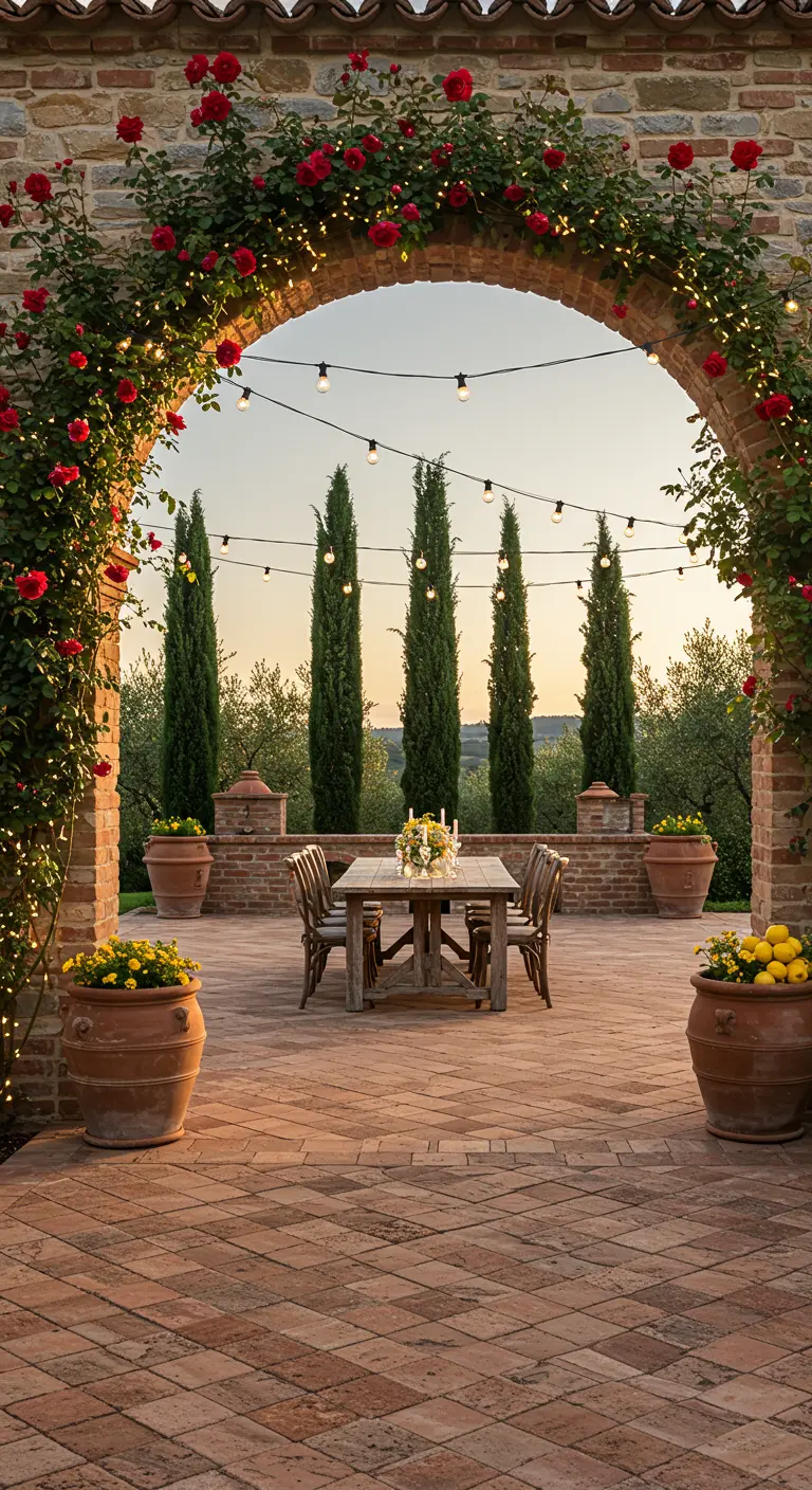 Brick archway with red climbing roses and string lights over a rustic terracotta patio.