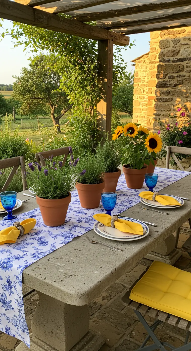 Stone patio table with potted sunflowers and lavender centerpiece.