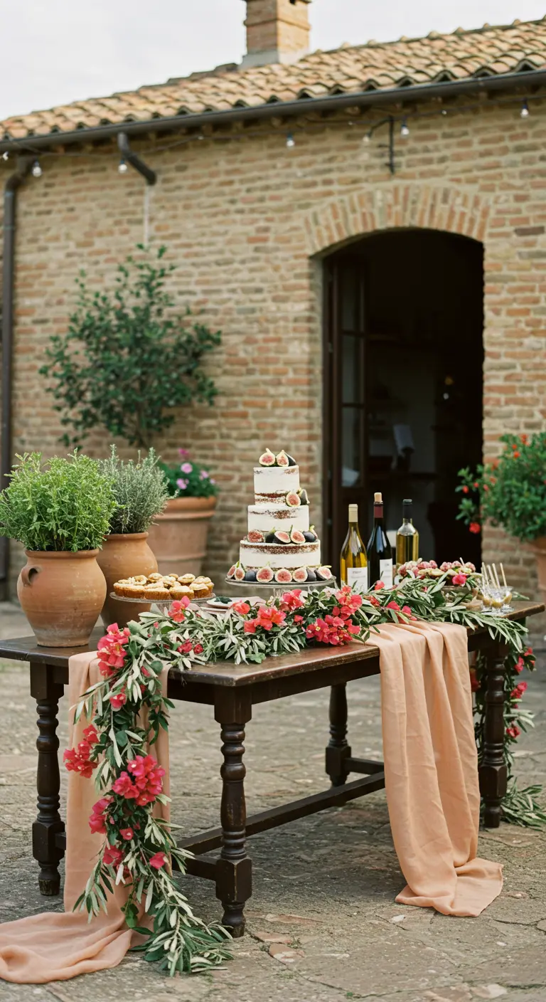 Rustic cake table at a villa with a bougainvillea garland and terracotta pots.