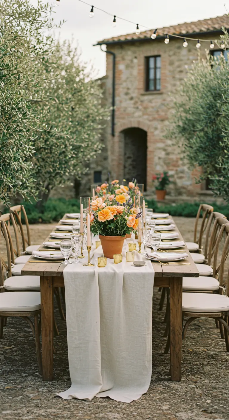 Outdoor dining table in a Tuscan setting with a terracotta pot floral centerpiece.