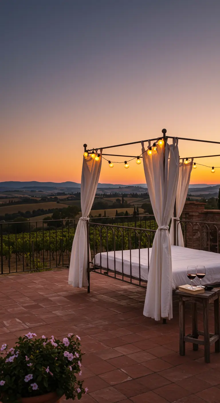 Canopy bed on a terracotta patio overlooking Tuscan hills at sunset.